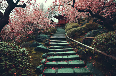 a path leading down to a pagoda and blossoming cherry trees.の素材