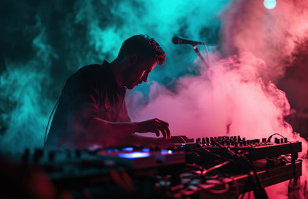a man is playing music while the smoke from the music equipment.の素材