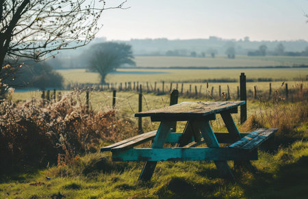 a picnic table sitting outside overlooking a farmland.の素材