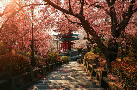 a path leading down to a pagoda and blossoming cherry trees.の素材