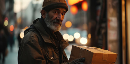 a man holding a delivery package in street.の素材