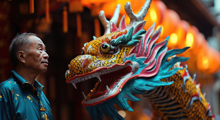 a man stands next to a colorful dragon to celebrate the new year.の素材
