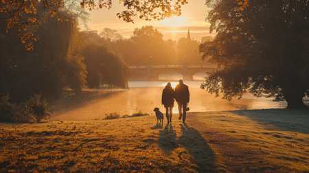 A man and woman are walking a dog on a leash through a park. The dog is happily trotting alongside them as they stroll through the greenery.の素材