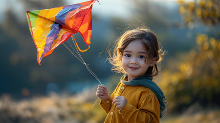 A young girl with a colorful kite, standing in a vast field on a sunny day.の素材
