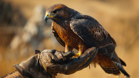 A close-up view of a person gently holding a majestic bird of prey in their hand.の素材