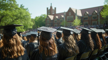 A significant number of individuals wearing graduation caps and gowns, celebrating the completion of their academic studies.の素材