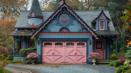 A house with pink and blue exterior colors and a vibrant pink door.の素材