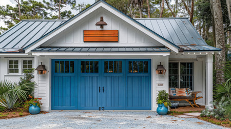 A blue and white house nestled among the trees in a forest setting.の素材