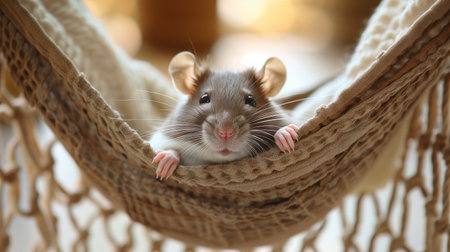 A rat is perched comfortably in a hammock, enjoying a relaxing moment in a leisurely setting.の素材
