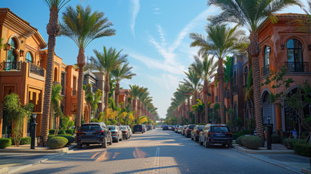A street flanked by towering palm trees, with several cars parked along the curb under a clear sky.の素材
