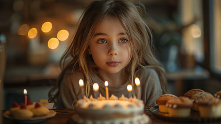 A young girl is sitting in front of a birthday cake with glowing candles, ready to blow them out.の素材