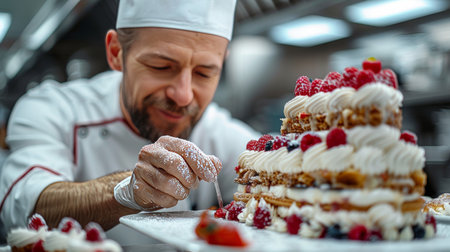 A man in a chefs uniform carefully cuts a cake adorned with fresh raspberries.の素材