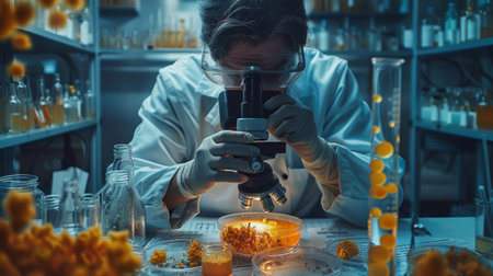A person in a lab setting is holding a microscope and a pair of glasses, appearing to be conducting scientific research or analysis.の素材