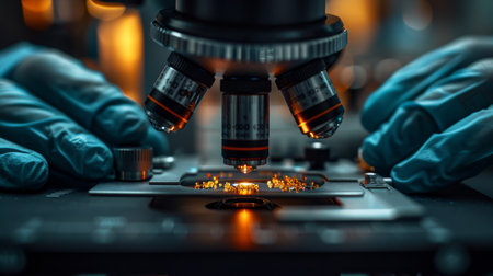 A scientist in a lab coat peers through a microscope at a sample of liquid, studying the microorganisms within.の素材