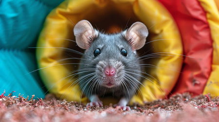 A gray rat is seen sitting calmly inside of a vibrant and colorful tunnel.の素材