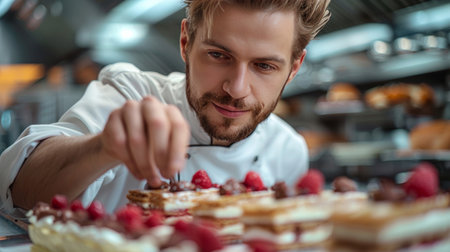 A man in a chefs uniform carefully cuts a cake adorned with fresh raspberries.の素材