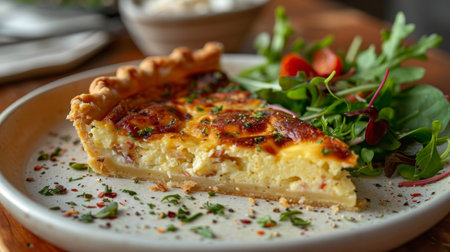 A white plate showcasing a slice of quiche with a golden crust, filled with creamy egg and cheese, topped with savory vegetables.の素材