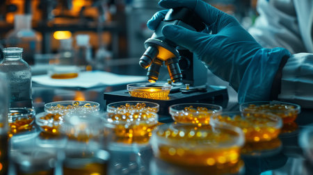 A person in a lab setting is holding a microscope and a pair of glasses, appearing to be conducting scientific research or analysis.の素材