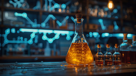 A glass flask filled with liquid stands alongside other bottles on a surface.の素材