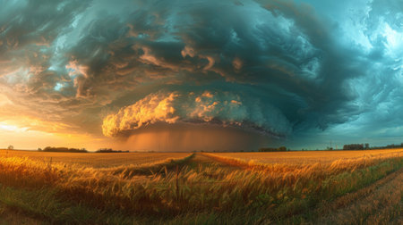 A large cloud hovers in the sky above a vast wheat field on a sunny day.の素材