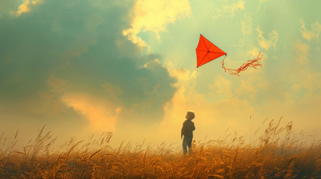 A person standing in a field, flying a kite on a sunny day.の素材