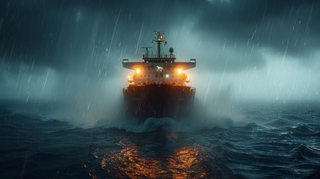 A massive ship sailing through the expansive ocean, dominating the vast expanse of water with its sheer size.の素材