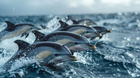 A group of dolphins leaping out of the water in unison, showing their agility and grace in the ocean.の素材