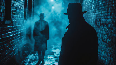 A man in a hat and coat is standing next to another man in a trench coat.の素材
