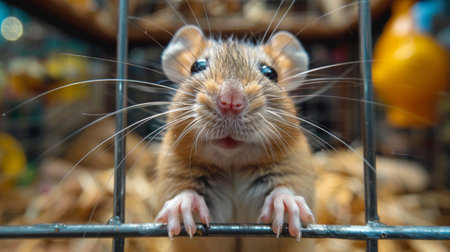 A rodent inside a cage looking directly at the camera with curiosity.の素材