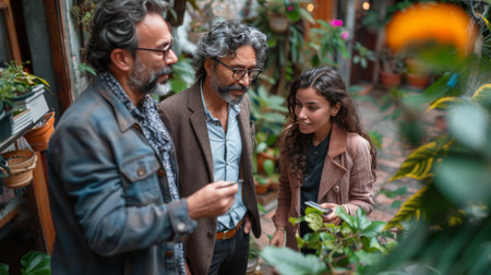 Three individuals are attentively examining various plants inside a greenhouse.の素材