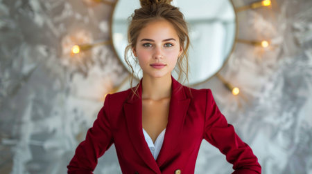 A powerful image of a young businesswoman with her hands on her hips, wearing a sharp red suitの素材