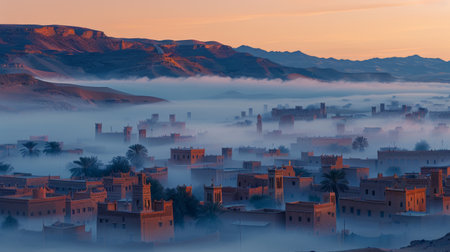 a desert city in the early morning, with low-rise buildings shrouded in a soft mist.の素材