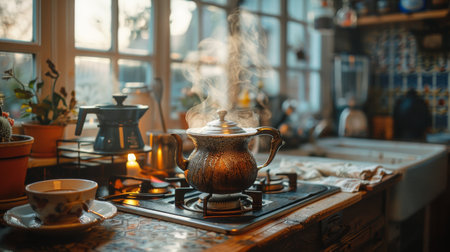 A nostalgic image of a vintage coffee pot brewing coffee over an open flame.の素材
