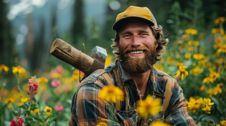 a lumberjack with a warm, inviting smileの素材