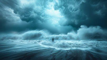 A lone figure stands on the shore, confronting towering storm clouds and turbulent waves, in a moment of awe-inspiring nature's power.の素材