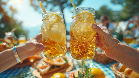 a picnic table, with friends clinking mason jar glasses filled with lemonade above a checkered tableclothの素材