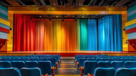 A vibrant stage adorned with various colors, set against rows of blue chairs for seating.の素材
