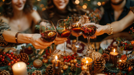 Individuals in a group clinking wine glasses together in celebration, with smiles on their faces.の素材