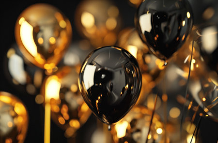 Gold and black balloons on dark background, closeup. Party decorの素材