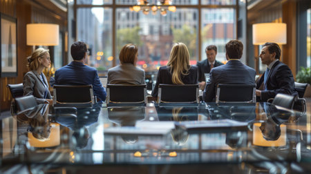 A diverse group of individuals sitting around a wooden table engaged in discussion and interaction.の素材