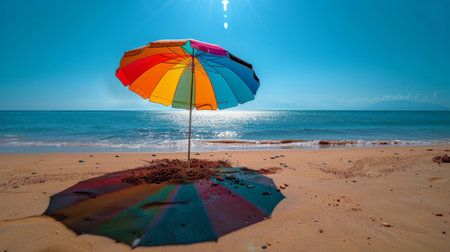 A vibrant, multi-colored umbrella rests on the sandy shore of a beach, providing shade on a sunny day.の素材