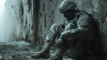 A soldier in full gear leans against a weathered wall, with a backpack securely on his back.の素材