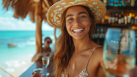 A woman wearing a straw hat is holding a glass of wine.の素材
