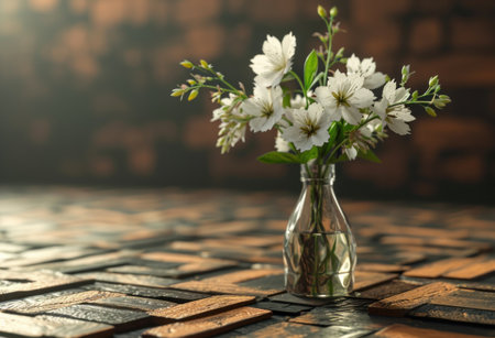 a vase, books and flowers on an empty wooden table.の素材