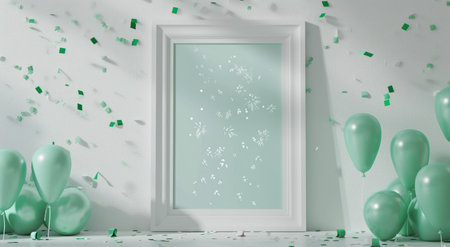 a white frame on the wall in front of green and white fireworks and confetti.の素材