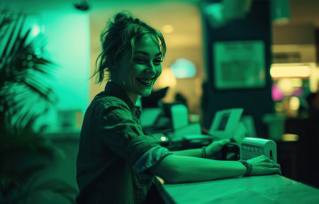 a woman smiles as she runs over to the register.の素材