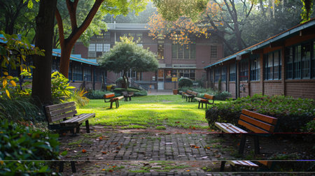 Benches and trees in a courtyard on a rainy day.の素材