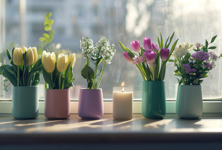 a window sill with vases of tulips and hyacinths.の素材