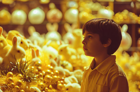 a young boy standing in front of a large display of bunnies and other easter decorations.の素材