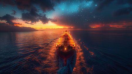 A boat floats on a body of water under a sky filled with stars, creating a serene and captivating scene under the night sky.の素材